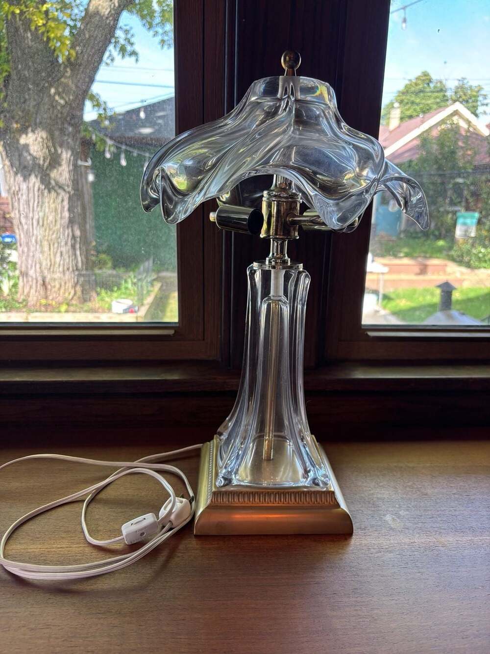 Vintage Cofrac Art Verrier French Hand Blown Crystal/Brass Flower Table Lamp 70s